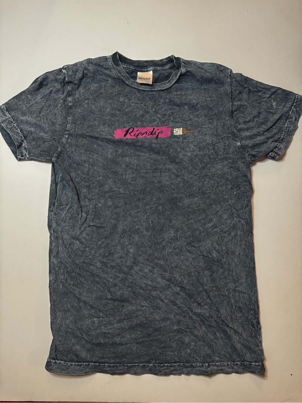Ripndip Charcoal Mineral Wash Tee with Pink Brush Logo